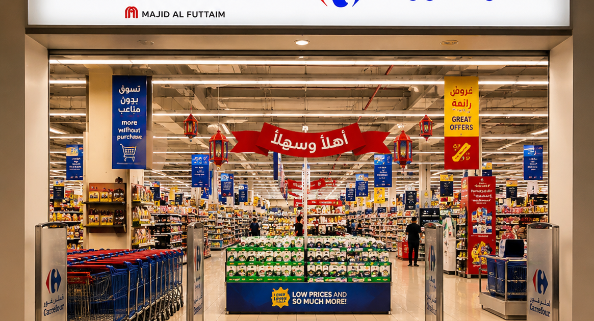 Modern Carrefour supermarket interior entrance