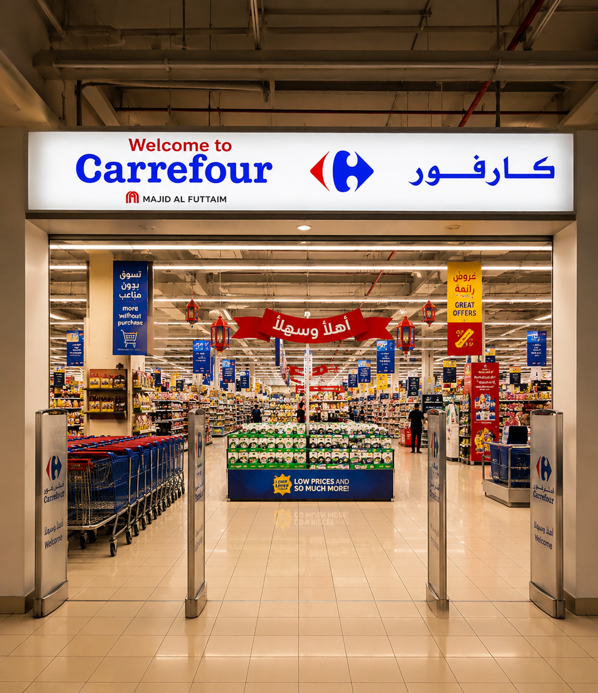 Modern Carrefour supermarket interior entrance